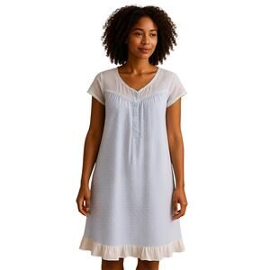 Eileen West Cotton Textured Midi Blue Nightgown Ruffle Hem Size Medium